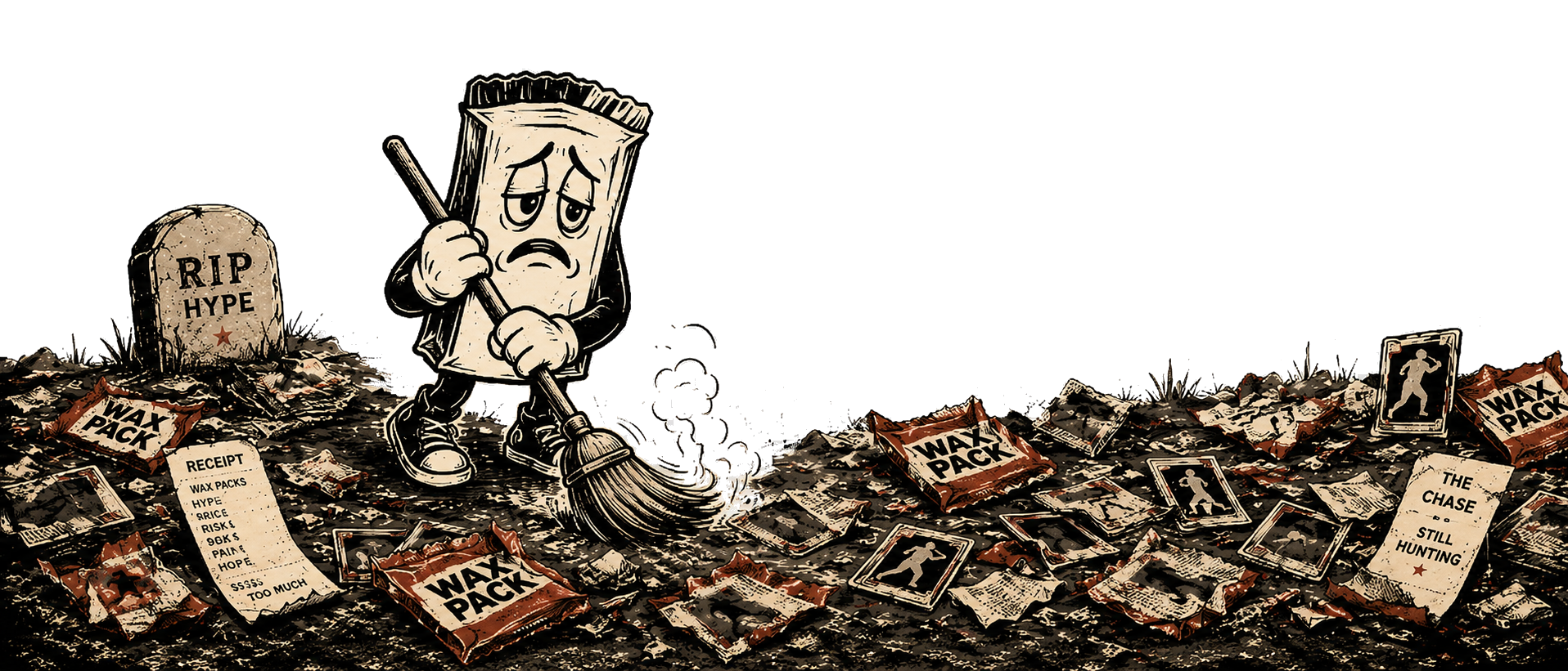 Wax Debt mascot cleaning up opened wax packs and scattered cards