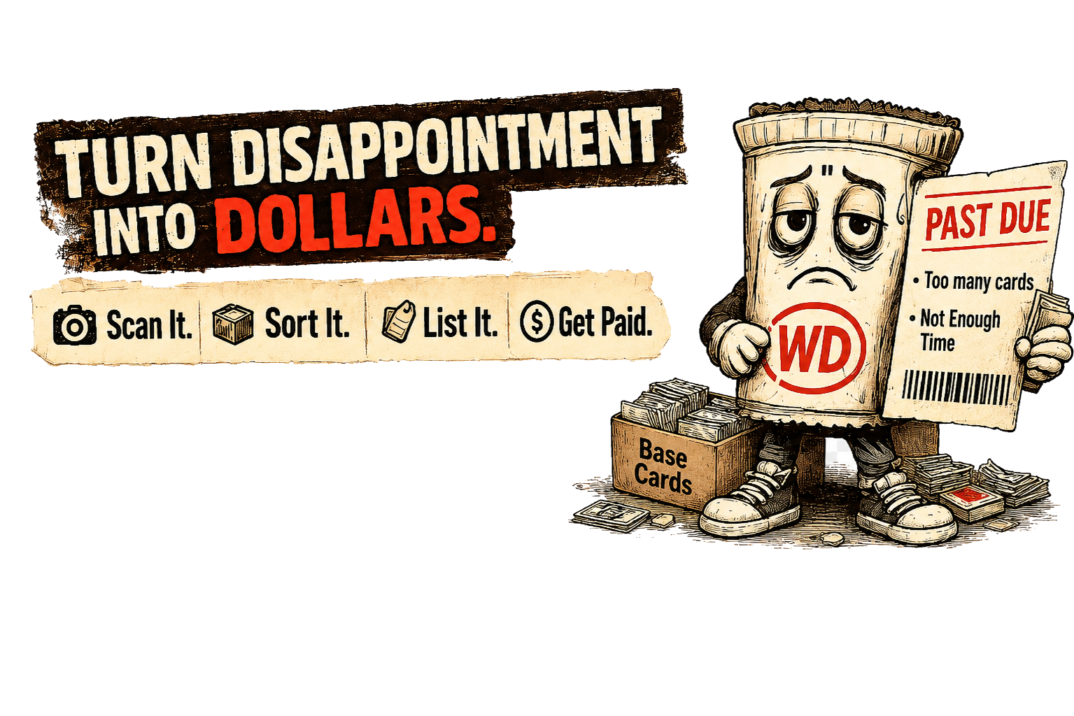 Wax Debt mascot with past due notice and card boxes